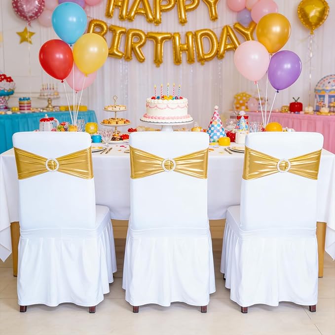 SquarePie 50 PCS Metallic Gold Spandex Chair Sashes - Shiny Stretch Bows with Buckle Slider - No-Tie Universal Elastic Chair Bands for Wedding Reception Party Banquet Event