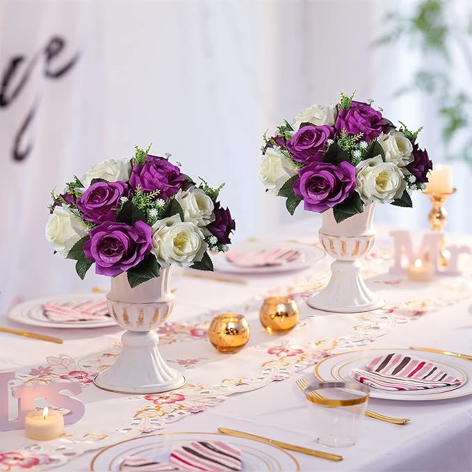 Sziqiqi Faux Silk Rose Flowers Artificial Flowers for Wedding Party Centerpiece Decorations Home Decorative Flowers, Pack of 2 Purple & White