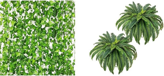 CQURE 24 Pack 168Ft Artificial Ivy Fake Vines+2 Pcs 45'' 60 Branches Fake Ferns Artificial Plants Large for Outdoors Planter Home Garden Decor