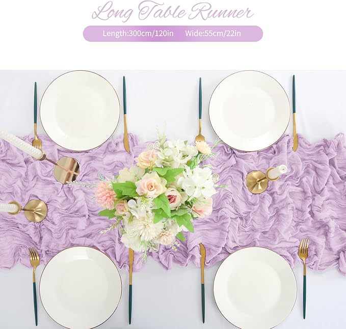 20 Pack Lavender Cheesecloth Table Runner 120 Inch 10FT Rustic Boho Gauze Cheese Cloth Table Runner for Wedding Party Baby Shower Thanksgiving Christmas Decoration