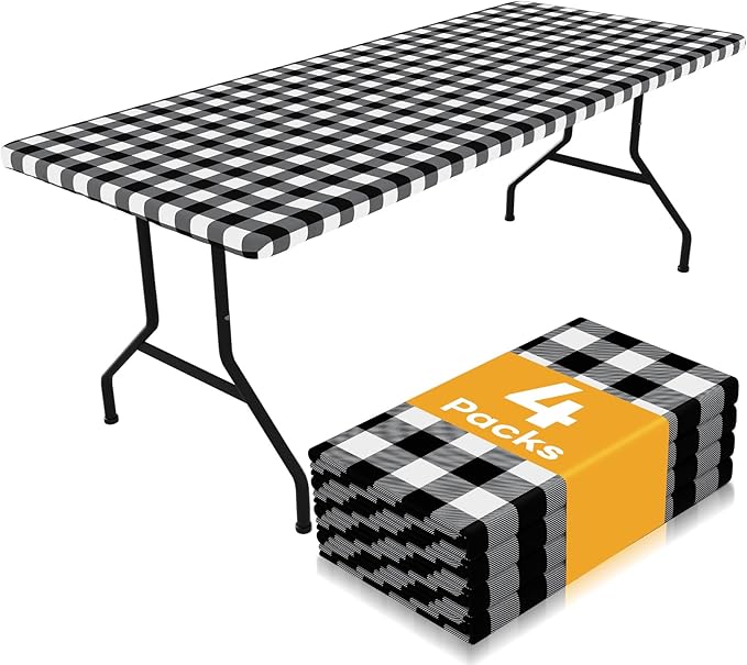 Smiry Picnic Table Cloth 4 Pack, Waterproof Elastic Fitted Tablecloths for 24x48 Rectangle Tables, Washable Polyester Buffalo Plaid Tablecloth for Camping, Dining & Outdoor (Black & White, 24" x 48")
