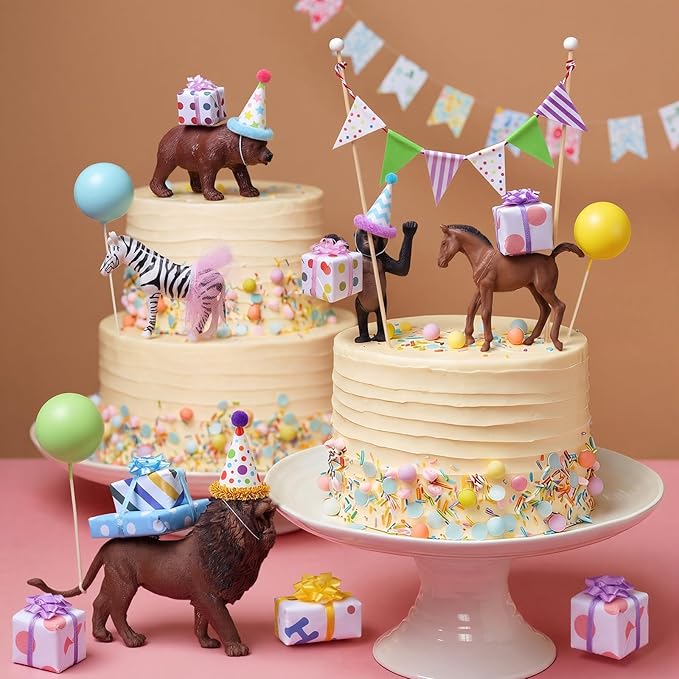 Weysat 22 Pcs Animal Birthday Party Decorations Animal Cake Cupcake Toppers with Mini Hat Gift Box Cake Flag Skirt Lollipop for Jungle Safari Dollhouse Themed Birthday Party Favor Supplies, No Animals