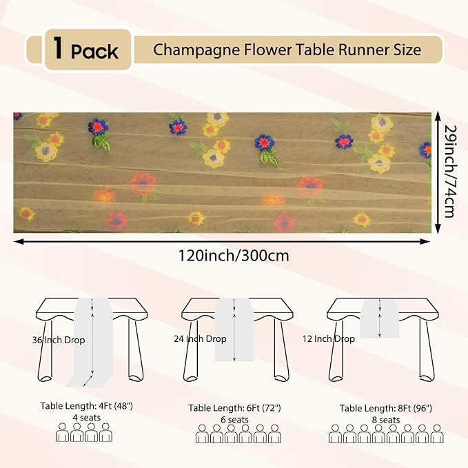 Set of 1 Flower Table Runner 10ft, 29 * 120 Inch Champagne Table Cloth Sheer Tulle Table Cover,Embroidery Daisy Table Runner for Wedding Party Baby Shower Birthday Home Decor