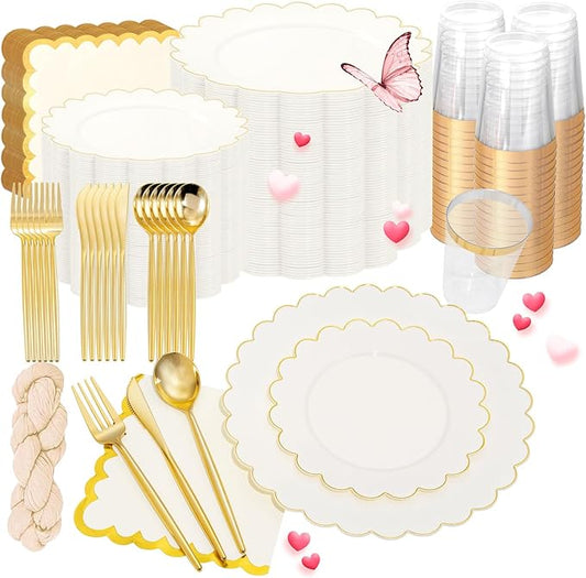 WONDERFUL 351pcs Ivory Plastic Plates - Upgrade Gold Plastic Dinnerware set Includes 100 Disposable Plates 150 Gold Silverware 50 Cups 50 Wedding Napkins 1 Table Runner for Wedding & High End Party