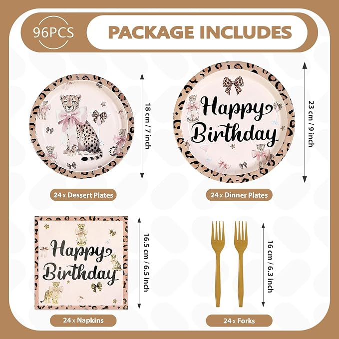 96Pcs Pink Cheetah Bow Birthday Party Decorations, Serves 24 | Leopard Print Plates and Napkins Pink Bow Cheetah Tableware Set for Girls Women Jungle Safari Animal Birthday Party Supplies