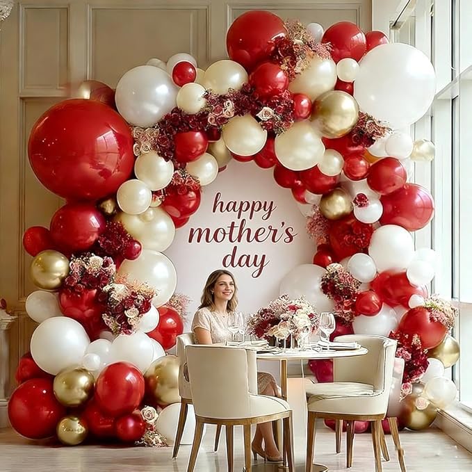 Red White Gold Balloon Garland Double Stuffed Burgundy Red White Sand Pearl Balloon Arch Kit Maroon Wine Balloons for Mother's Day Birthday Bridal Shower Wedding Graduation Party Decorations