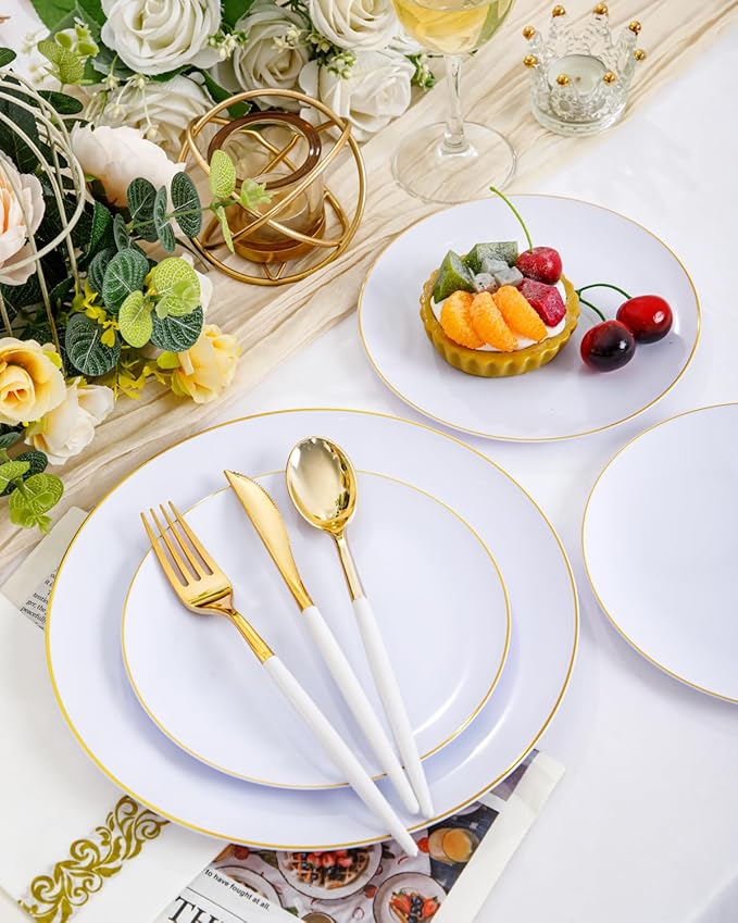 Supernal 350PCS White and Gold Plastic Dinnerware Set (Serves 50 Guests) - Extra Heavyweight Disposable Plates with Premium Two-Tone White Handle Gold Utensils, Cups, Napkins for Wedding