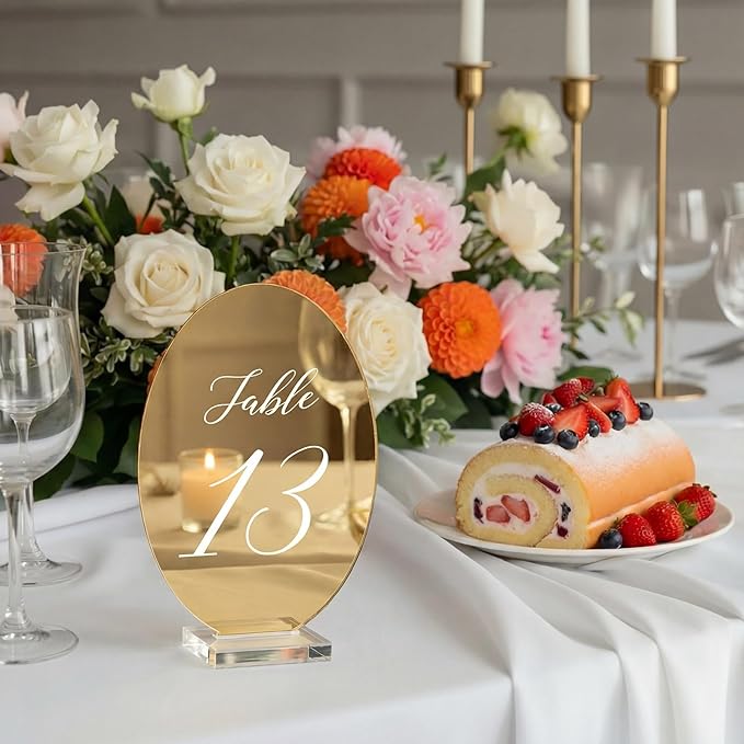 Novabright Oval Wedding Table Number Plates 1-15 with Transparent Stand - 5x7 Inch Acrylic Mirror Gold Table Number Signs Holders, Suitable for Wedding Receptions, Parties, Anniversaries and Events