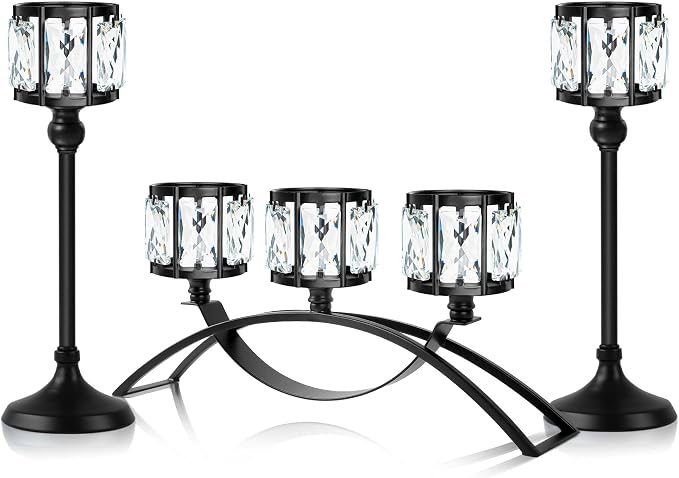 Black Set of 3 Crystal Candle Holders Arched - Elegant Tabletop Candelabra Centerpiece for Weddings, Dining Room Decor, Modern Home & Cabinet Display Housewarming