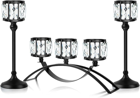 Black Set of 3 Crystal Candle Holders Arched - Elegant Tabletop Candelabra Centerpiece for Weddings, Dining Room Decor, Modern Home & Cabinet Display Housewarming