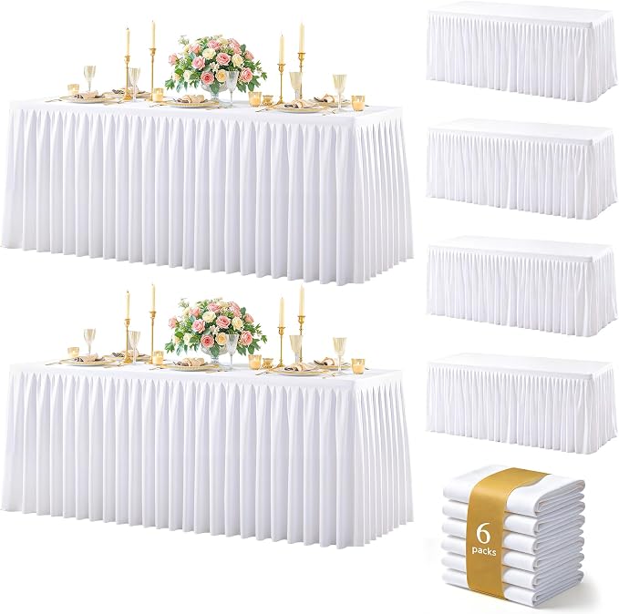 White Polyester Table Cloths for Rectangle 8 Foot Tables, 6 Pack Wrinkle Free Tablecloths Stretchy Banquet Ruffle Fitted Table Cover Desk Skirt for Parties Wedding Birthday Baby Shower