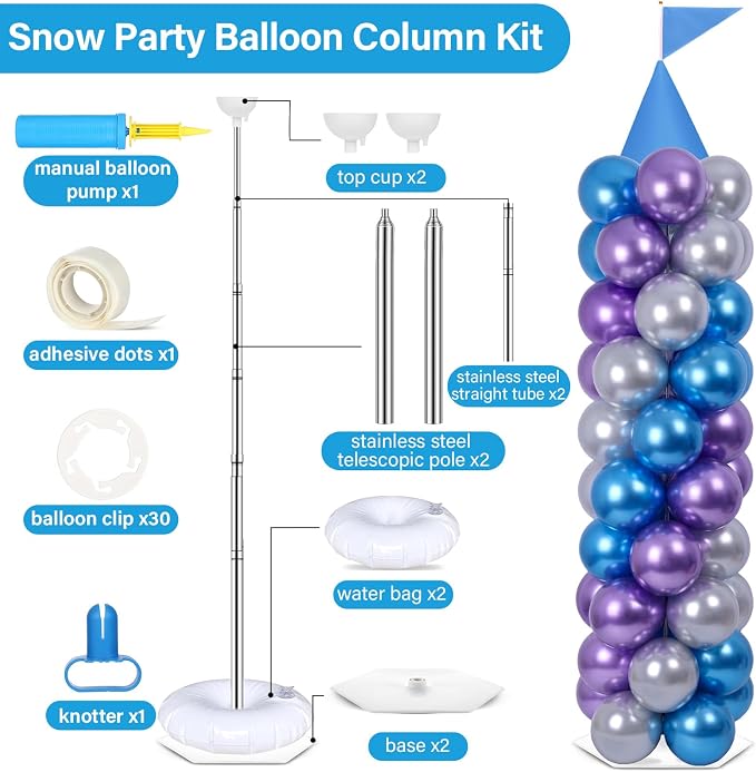 2 Sets Blue Princess Castle Balloon Column Stand Kit with 100 Balloons 2 Tricorne Hat 2 Pennant Snow Party Adjustable Balloon Tower Stand with Bases for Floor Girl Princess Birthday Party Supplies