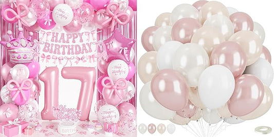 17th Pink Bow Birthday Decorations for Girls with Pearl Pink and White Balloons Set for Women Coquette Party Decor Includes Foil Number Balloons Bows Banner Fringe Curtain Double Stuffed Latex Balloon