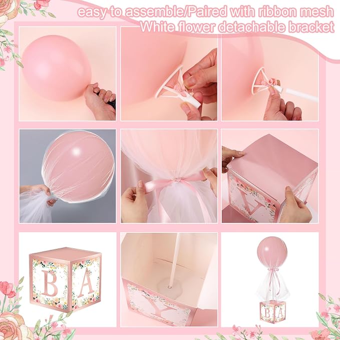 Wettarn 4 Set Pink Girl Baby Shower Table Centerpiece Decor 24'' Tulle Tutu Balloon with Letter Boxes Gender Reveal Centerpiece Balloon with White Tulle Cover, Stand, Boxes for Girl Birthday Party
