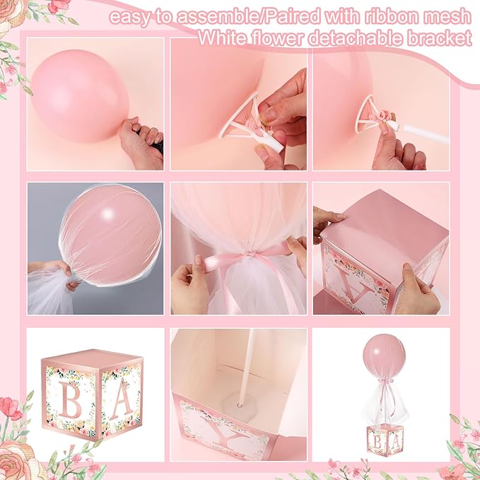 6 Set Pink Girl Tulle Tutu Balloon with Letter Boxes Baby Shower Table Centerpieces Decor for Gender Reveal 24'' Balloons White Tulle Cover with Stand, Boxes for Girl Boy Wedding Birthday Party