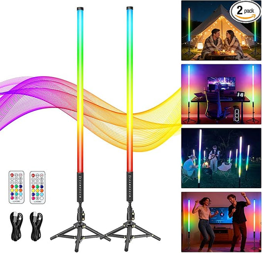 2 Pack 3ft RGB Tube Light Portable 5000mAh Battery Powered LED Light Stick with Stand, Music Sync, Ambient Lighting for Video Studio Photography DJ Bar Stage Club Party Wedding Gaming Rooms