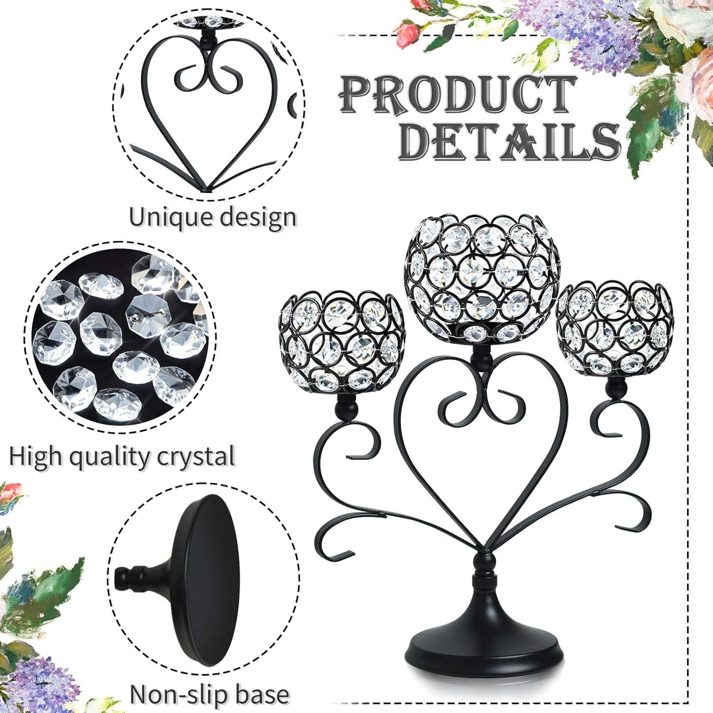 2 Pcs 3-Arm Heart Tea Light Candle Holder - Crystal & Metal Wedding Centerpiece Decor, Sparkling Table Decor for Anniversaries/Romantic Tabletop Home/Dinner Party/Events (2, Black)