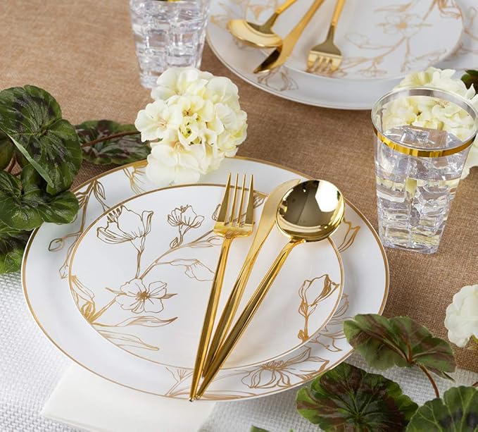 PLASTICPRO White Plastic Design Party Plates Premium heavyweight Elegant Disposable Tableware Dishes (128, Gold Floral)