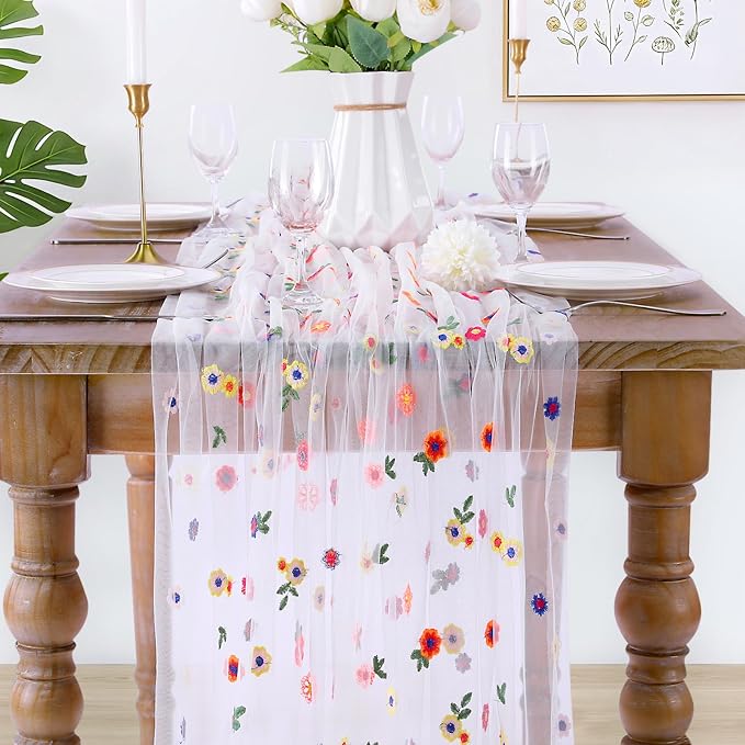 White Floral Table Runner Sheer Embroidery 120 Inches Long Tulle Table Overlay for Boho Wedding Birthday Party Spring Dining Table Decor