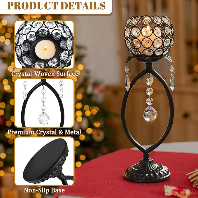 6 Pcs Black Elegant Metal Crystal Tea Light Candle Holders with Crystal Pendants, Hollow Design - Wedding Table Centerpieces for Anniversary Birthday Party, Home Decor