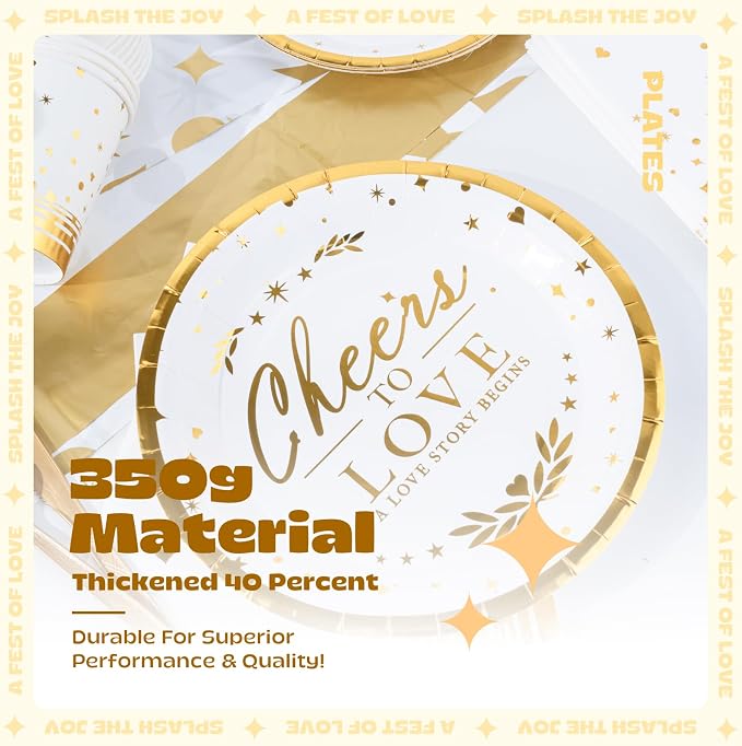 151 Counts 'Cheers to love' Gold Dinnerware and Tablecloth Set for Bridal Shower, Engagement, Wedding, Party Decorations, Elegant Tableware Set Includes Plates, Napkins, Cups, Tablecloth, Knives, Fork