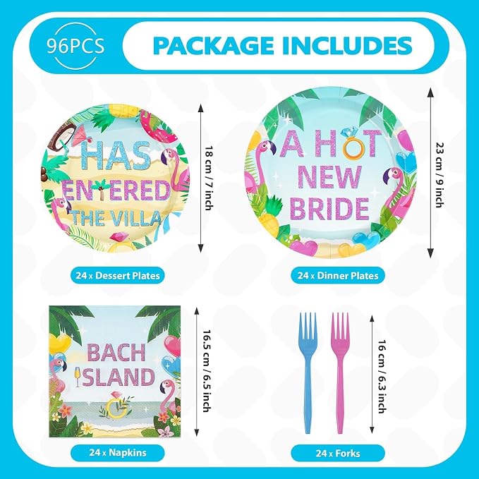96Pcs Bach Island Bachelorette Party Supplies A Hot New Bride Plates and Napkins Tropical Island Theme Tableware Set for Love Theme Bridal Shower Bachelorette Party Decorations Serves 24