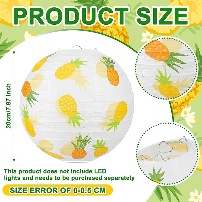Panelee 12 Pcs Pineapple Party Decorations Hawaiian Party Hanging Supplies 8 Inches Round Paper Lanterns for Tropical Luau Birthday Holiday Bachelorette Decor Supplies