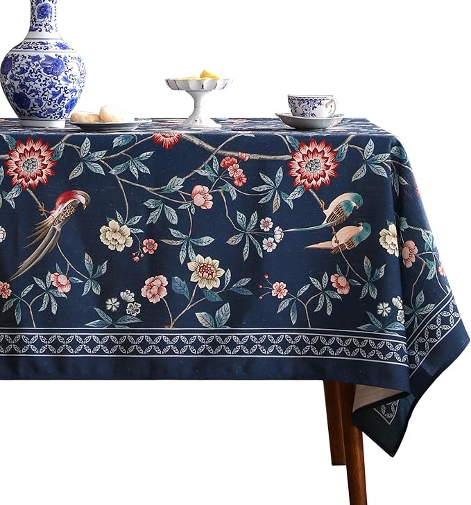 patdrea Elegant Chinoiserie Linen Tablecloth,Square,67"x67"-Lanruoting | Vintage Table Cloth for Square Table,Blue Oriental Bird Floral Print,Dining Tea Party Thanksgiving Coffe Table Decor