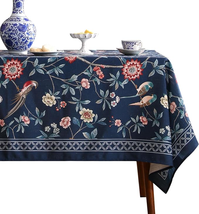 patdrea Elegant Chinoiserie Linen Tablecloth,Square,55"x55"-Lanruoting | Vintage Table Cloth for Square Table,Blue Oriental Bird Floral Print,Dining Tea Party Thanksgiving Coffe Table Decor