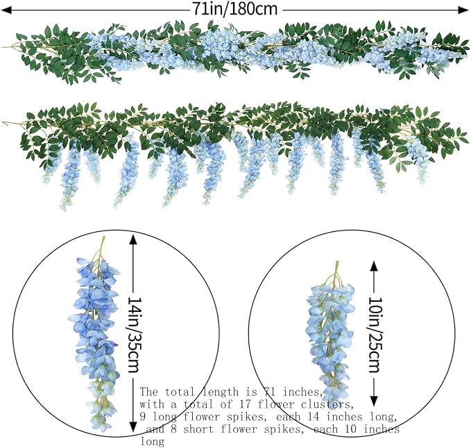 1pc/2pcs Encrypted Flower Vine Wisteria Artificial Flowers Garland,White Wisteria Hanging Flowers Flower Garland Decorations for Home Garden Outdoor Ceremony Wedding Arch Decoration (Blue, 2pcs)
