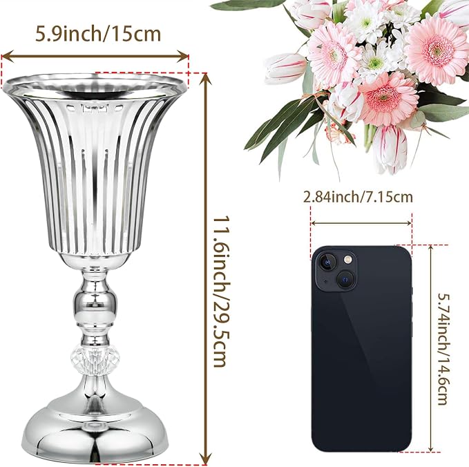 2PCS Silver Metal Flower Trumpet Stripe Vases Crystal Table Centerpieces Artificial Flower Arrangements for Anniversary Celebration/Wedding/Party/Birthday Event Aisle Home Decor