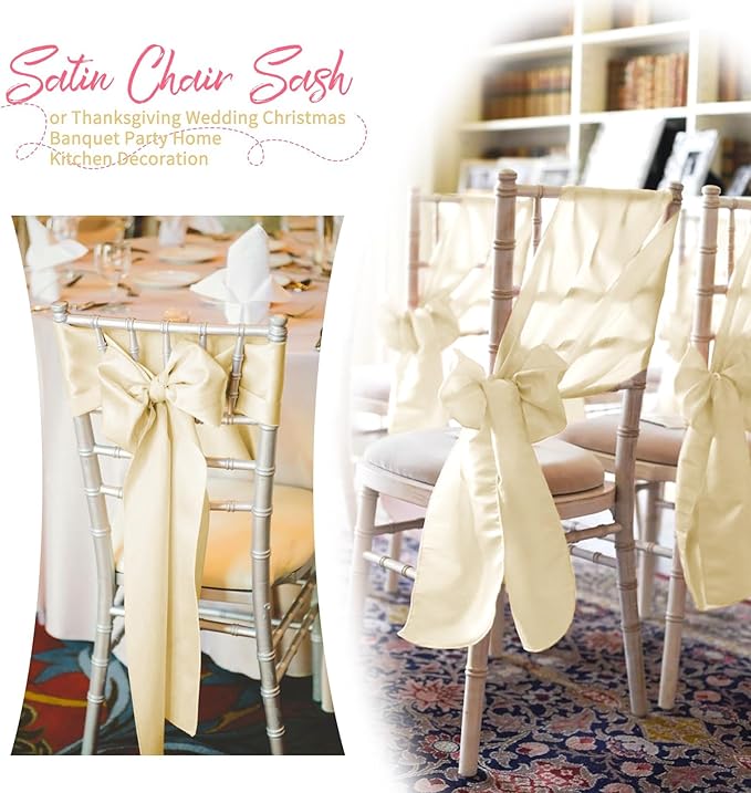 60 PCS Ivory Satin Chair Sashes, Ties Bows Designed Chairs Decorative, Chair Cover Sashes for Thanksgiving Wedding Christmas Banquet Party Home Kitchen Decoration (7 x 108 inch)