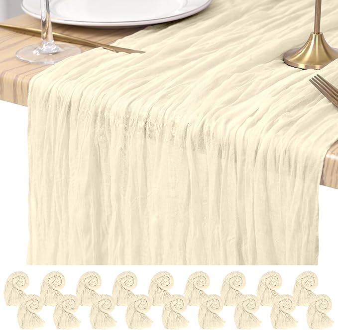 18 Pack Cheesecloth Table Runner Ivory 10Ft Rustic Boho Gauze Table Runner Romantic Long Sheer Fabric Cheesecloth Table Runner for Wedding Festival Birthday Anniversary Dinner Outdoor Events