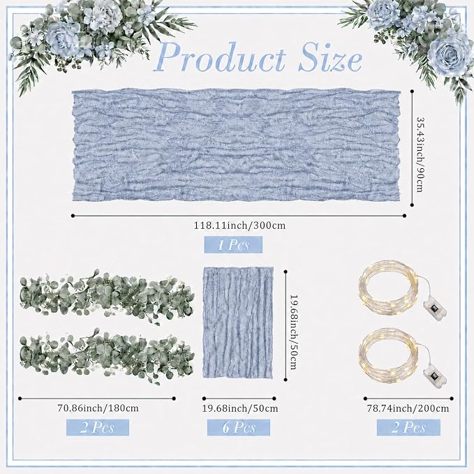 Cinrobiye 11pcs Cheesecloth Table Runner Set 120 Inch – Gauze Table Runner with Napkins, Eucalyptus Garland & String Lights for Wedding Baby Shower Table Decor, Rustic Boho