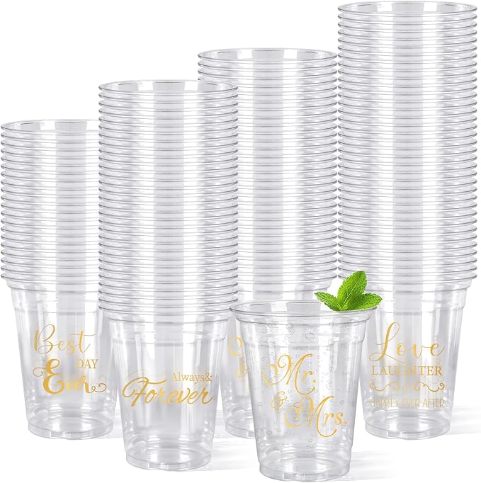 FYSUIMU 120Pcs Wedding Plastic Cups 12Oz Gold Mr and Mrs Disposable Clear Drinking Cups for Wedding Bride Shower Party Supplies, 4 Designs