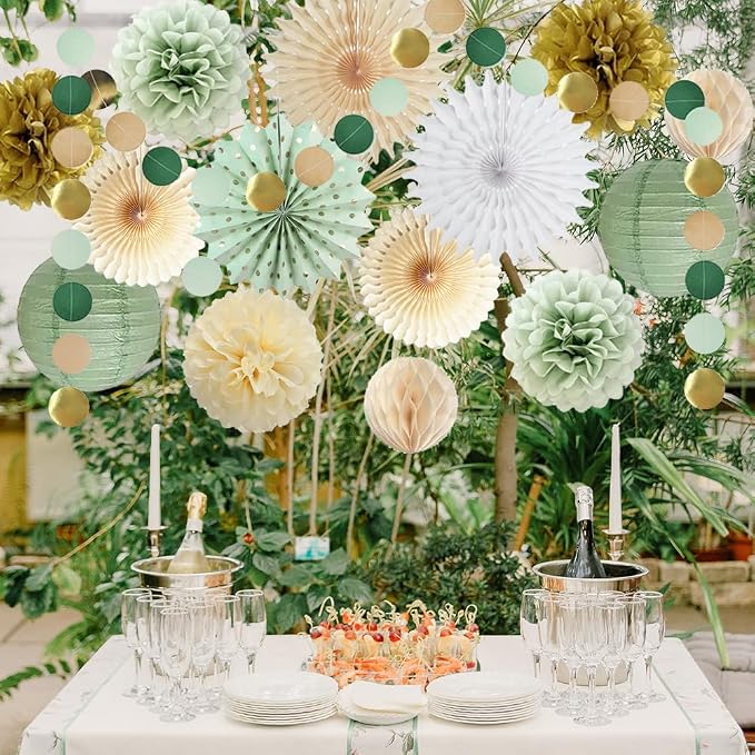Sage Green Party Decorations Sage Green and Gold Party Decorations Paper Pom Poms Paper Fans Lanterns for Birthday Baby Shower Wedding Bridal Shower Party Decor