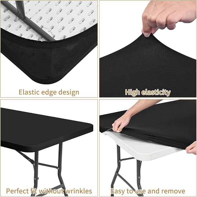 12 Pack Stretch Fabric Table Top Cap Cover, fits 6FT Tables, Black Spandex Table Covers Elastic Universal Rectangle Tablecloth Protector for Indoor Outdoor Party Picnic (Black, 30" W x 72" L)
