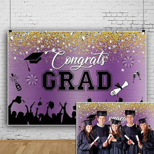 Leowefowa Congrats Grad Backdrop 10x8ft Black Gold Glitter Graduation Backdrops for Photography Congratulations Graduates Backdrop Banner Grad Prom Party Decor Grad Photo Booth Props