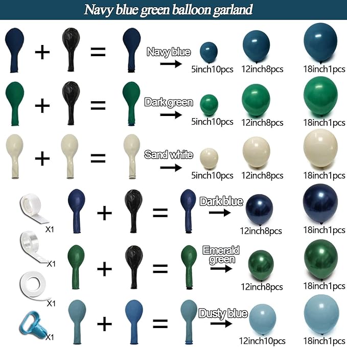 Navy Blue Green Balloon Arch Kit Double Stuffed Emerald Forest Dark Green Blue Sand White Beige Ivory Balloon Garland for Bear Baby Shower Birthday Graduation Wedding Bridal Anniversary Party Decor