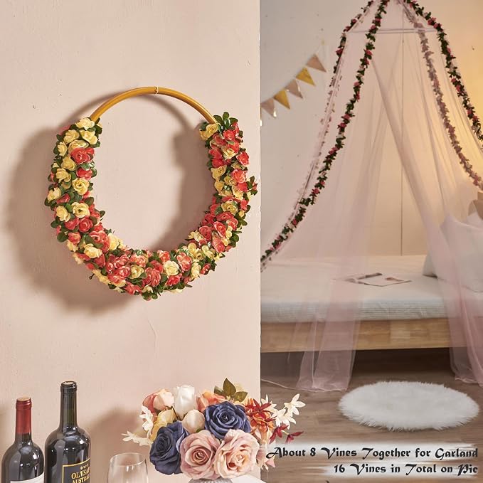 PONKING 8 Pcs x 8.2 ft Flower Garland Artificial Rose Vine Flowers with Green Leaves Hanging Fake Roses Vine for Room Party Home Wedding Birthday Christmas Wall Arch Decor, Champagne Flower