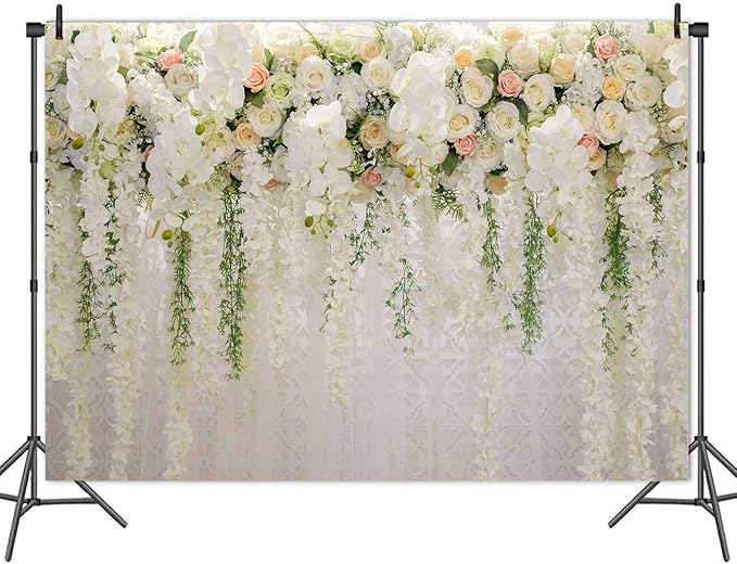 White Rose Floral Theme Photography Backdrops Bridal Shower Wedding Flowers Photo Background Baby Girl Birthday Party Portrait Dessert Cake Table Decor Photo Booth Studio Props 7x5ft