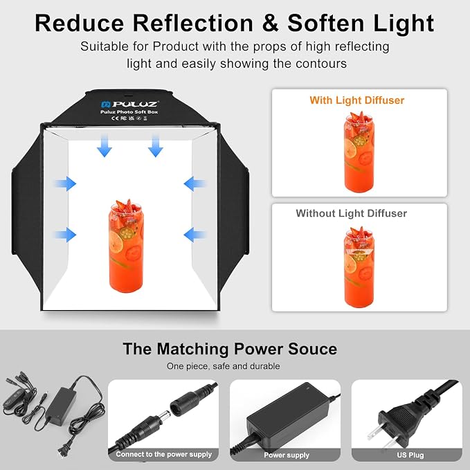 PULUZ 16x16 Inch Upgrade Photo Studio Light Box, Professional Dimmable Shooting Tent with 480 LED Lights & 4 PVC Backdrops, Portable Softbox for Jewelry, Small Product Photography