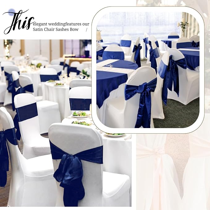 Pesonlook 60 PCS Navy Blue Satin Chair Sashes Bows Satin Chair Sashes Universal Chair Cover for Wedding Reception Restaurant Event Decoration Banquet,Party,Hotel Event Decorations (7 x 108 inch)