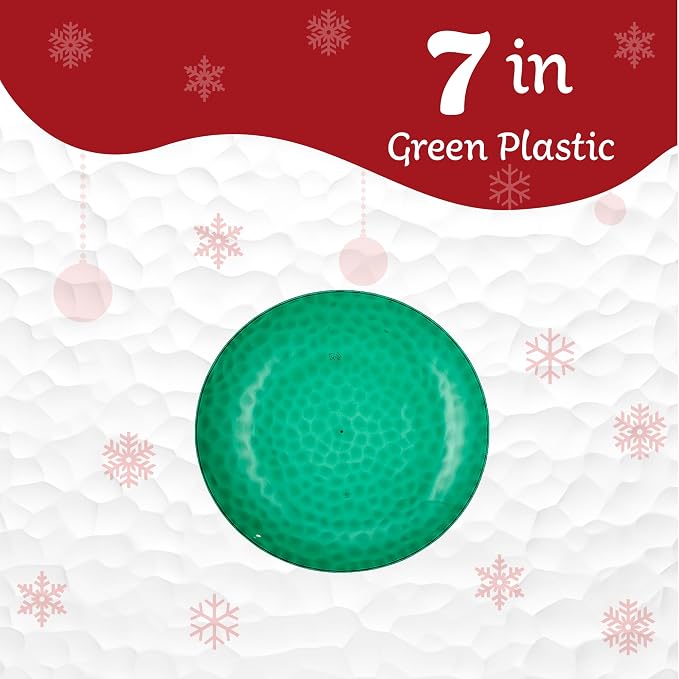PLASTICPRO 30 Pack Hammered Plastic Plates Heavyweight Disposable Plastic Plates Elegant Green Platsic Party (Hammered green Christmass, 7'' INCH)