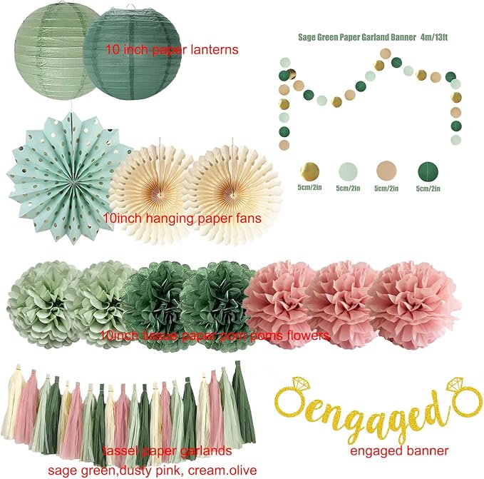 Engagement Party Decorations Pink and Sage Green Engaged Party Decoration Olive Tissue Pom Poms Paper Fans Tassel Garlands for Sage Green Dusty Pink Bridal Shower Engagement Married Decoration