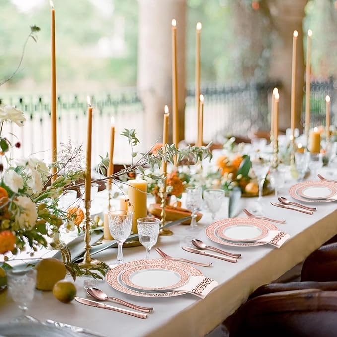 Bestluck 350PCS Rose Gold Plastic Dinnerware Set for 50 Guests, Disposable Plates for Party, Wedding, Include 50 Rose Gold Dinner Plates, 50 Dessert Plates, 50 Set Silverware, 50 Cups, 50 Napkins
