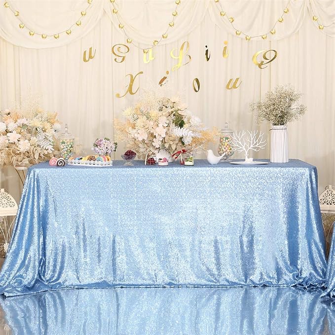 Eternal Beauty Baby Blue Tablecloth, 50x80 Inch Sequin Rectangle Table Cover for Cake Dessert Exhibition Party Birthday Events