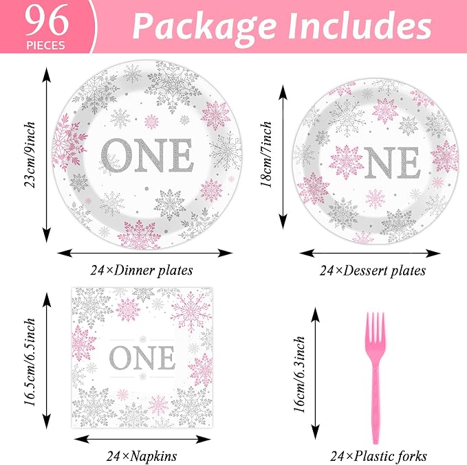 Winter Onederland 1st Birthday Themed Tableware - Snowflake One Plates, Napkins for Baby Girls First Birthday - Disposable Paper Party Decorations Supplies Favors for 24 Guests