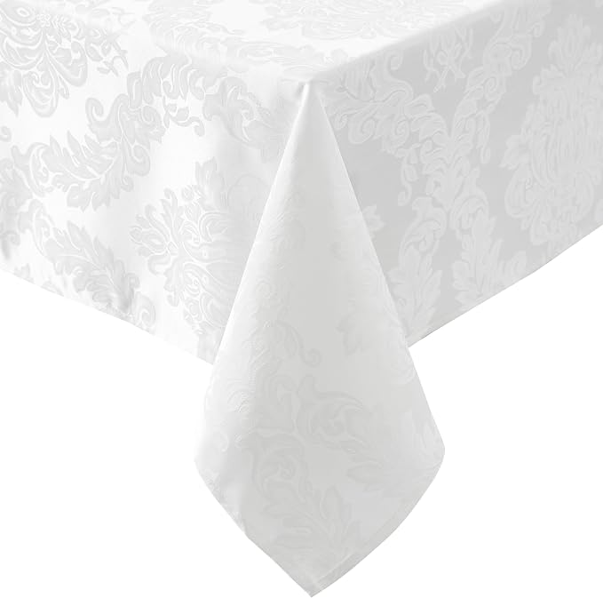 Newbridge Barcelona Luxury Damask Fabric Tablecloth, 90” Round, White, 100% Polyester, No Iron, Soil Resistant Dining Room, Party and Banquet Table Cover