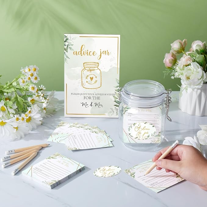 Jetec 74 Pcs Advice and Wishes for the Mr and Mrs 60 Pcs Wedding Advice Cards Advice and Wishes Jar Box Bridal Shower Advice and Wishes Cards for Bride and Groom Bridal Shower Decor(Greenery)